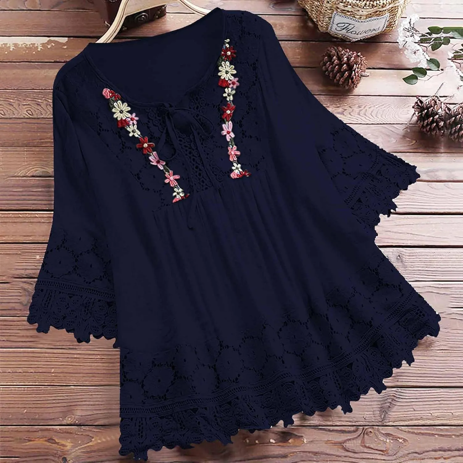 3/4 Length Sleeve Womens Boho Tops Cotton Linen Mexican Embroidered Shirts Plus Size Flowy Lace Tunic Peasant Blouses