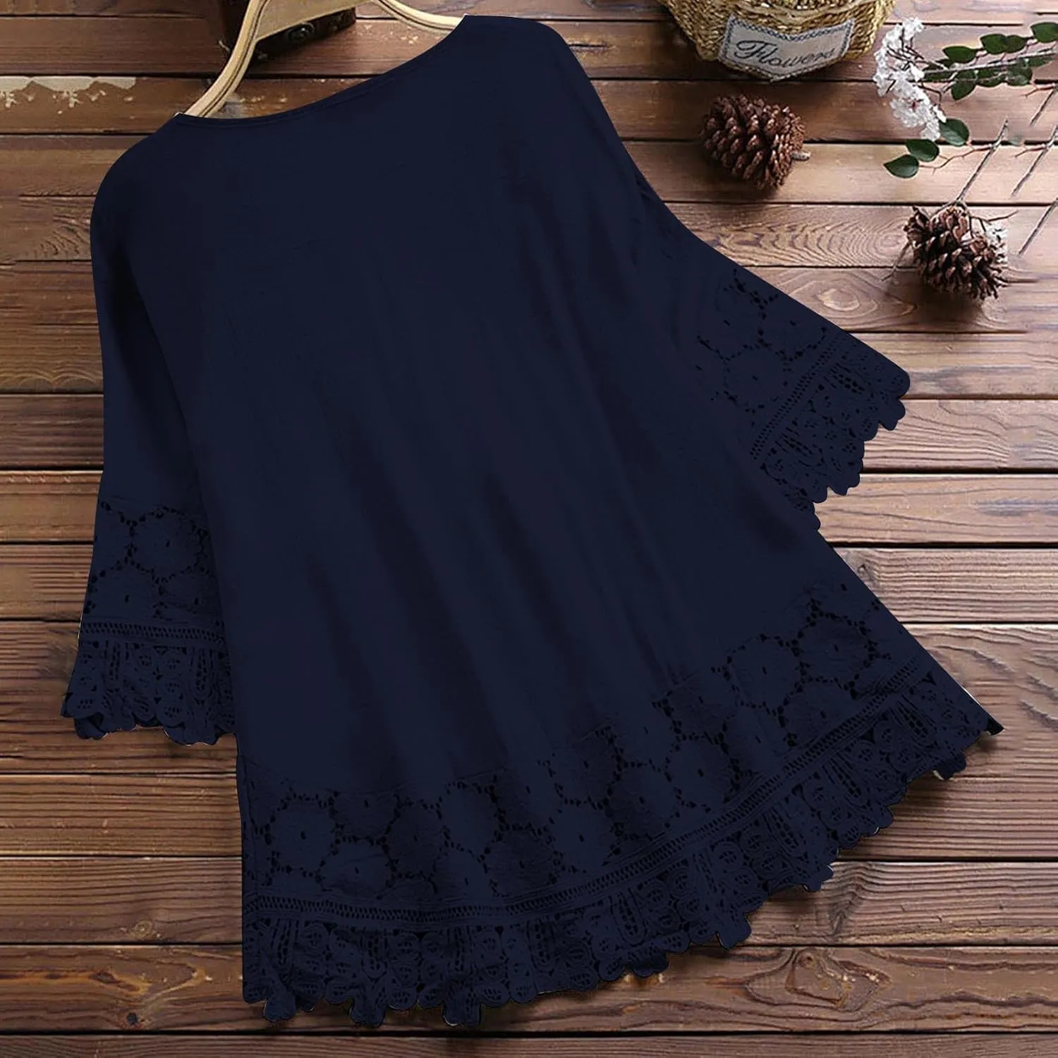 3/4 Length Sleeve Womens Boho Tops Cotton Linen Mexican Embroidered Shirts Plus Size Flowy Lace Tunic Peasant Blouses