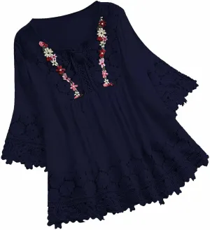 3/4 Length Sleeve Womens Boho Tops Cotton Linen Mexican Embroidered Shirts Plus Size Flowy Lace Tunic Peasant Blouses