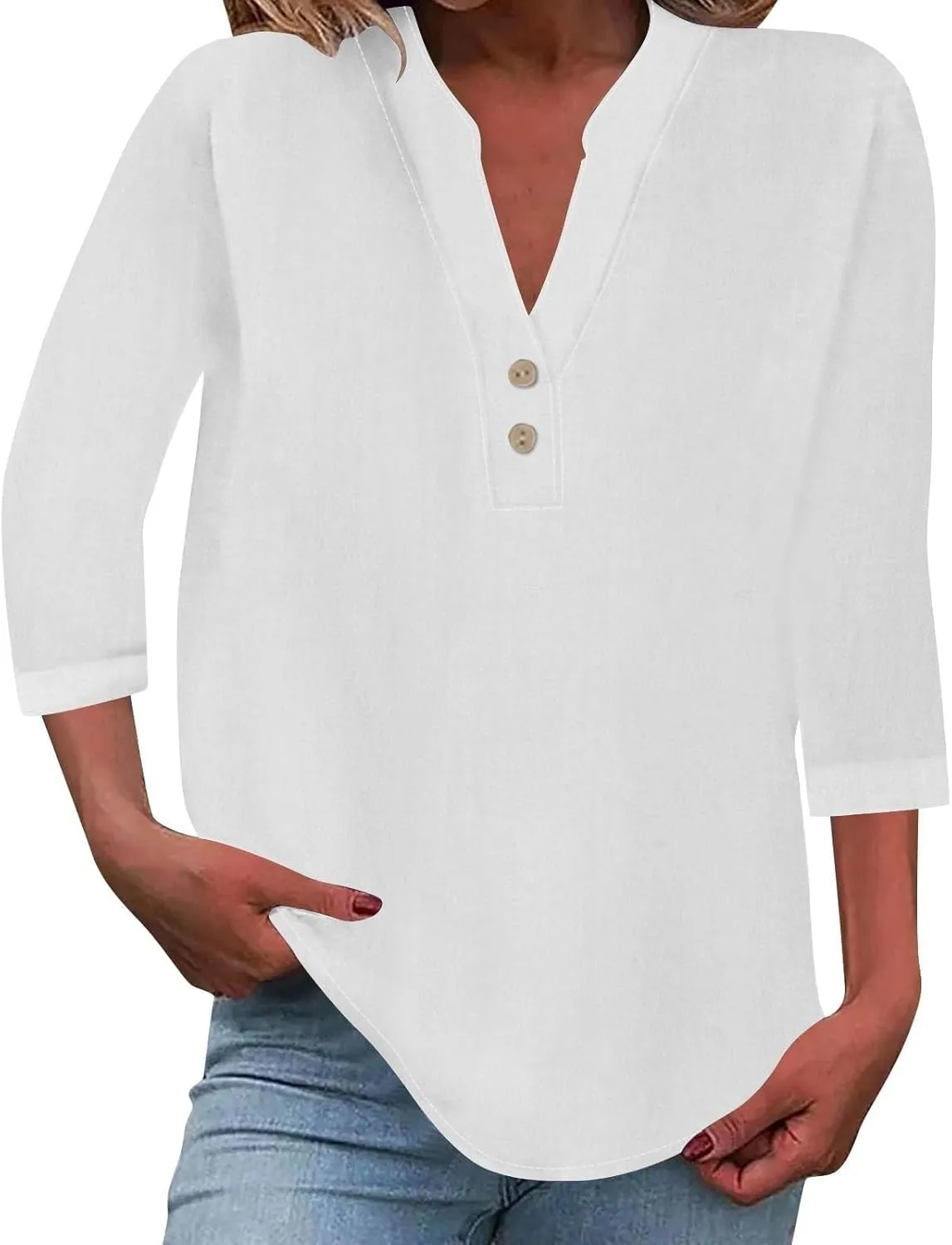 3/4 Sleeve Linen Tops for Women 2024 Loose Fit V Neck Button Down Henley Shirts Cute Solid Summer Beach Tee Shirts