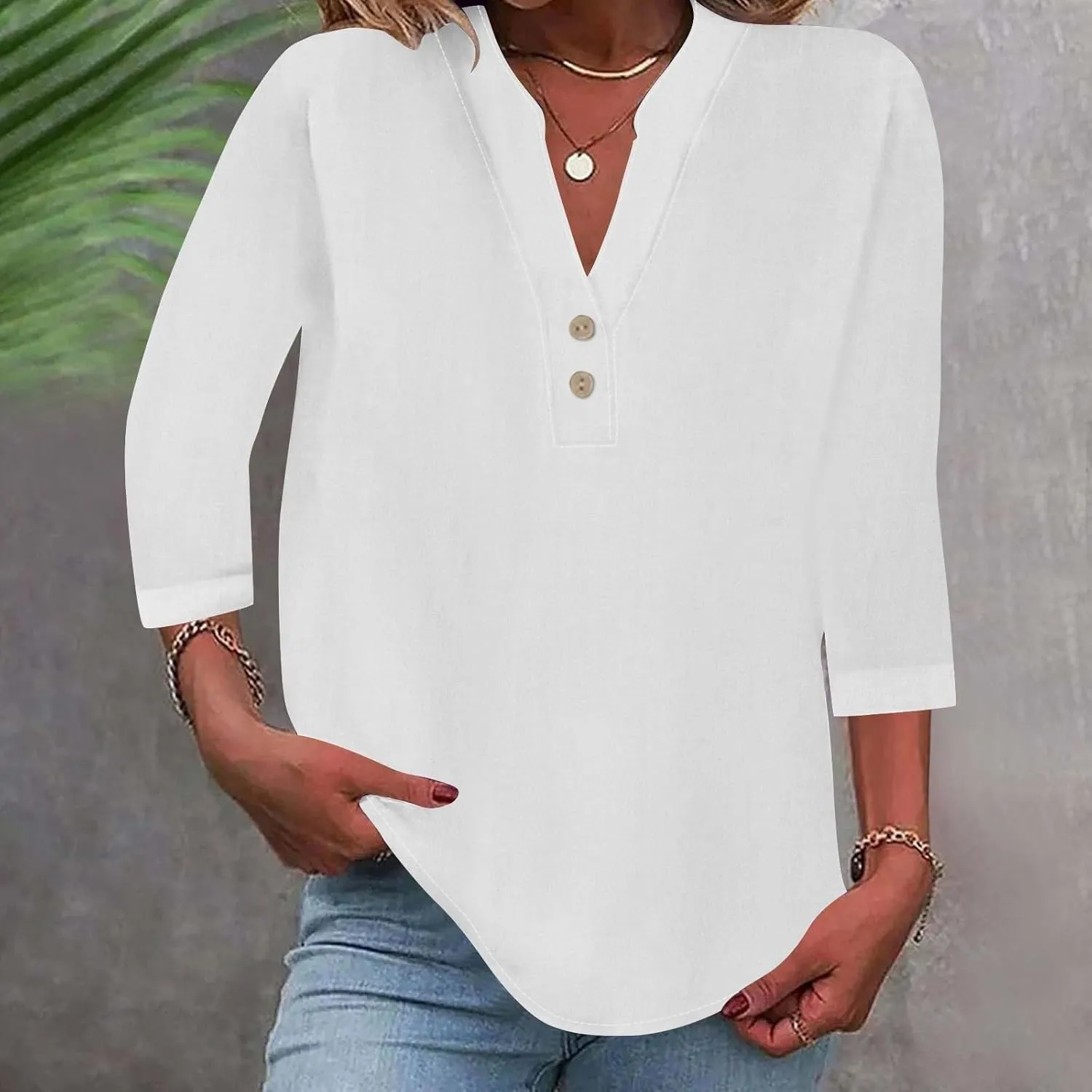3/4 Sleeve Linen Tops for Women 2024 Loose Fit V Neck Button Down Henley Shirts Cute Solid Summer Beach Tee Shirts