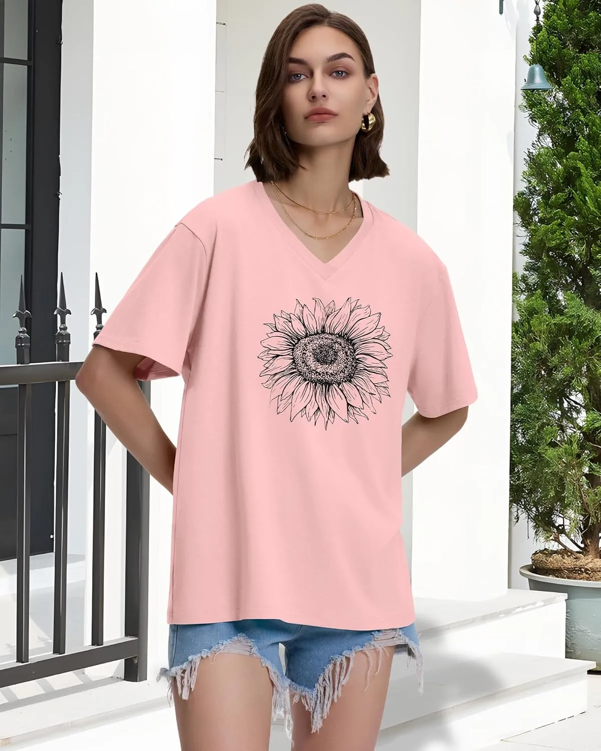 ADOREJOY Oversized Tshirts for Women V Neck Summer Short Sleeve Casual Loose Tunic Tees