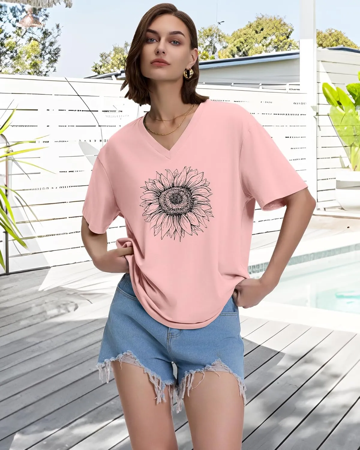 ADOREJOY Oversized Tshirts for Women V Neck Summer Short Sleeve Casual Loose Tunic Tees