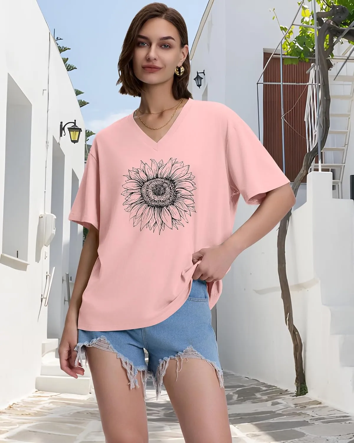 ADOREJOY Oversized Tshirts for Women V Neck Summer Short Sleeve Casual Loose Tunic Tees
