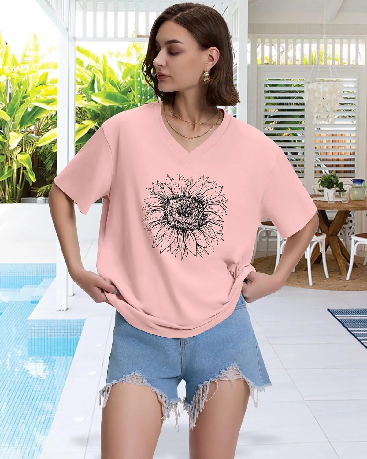 ADOREJOY Oversized Tshirts for Women V Neck Summer Short Sleeve Casual Loose Tunic Tees