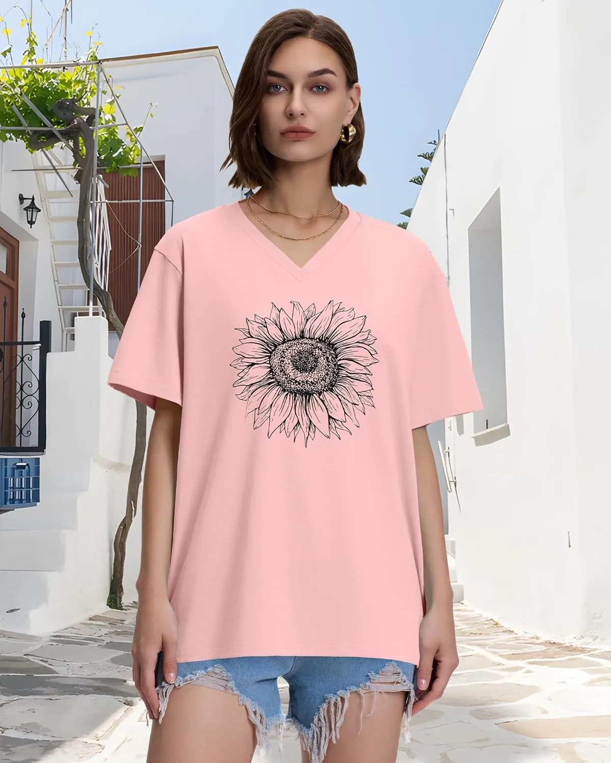 ADOREJOY Oversized Tshirts for Women V Neck Summer Short Sleeve Casual Loose Tunic Tees