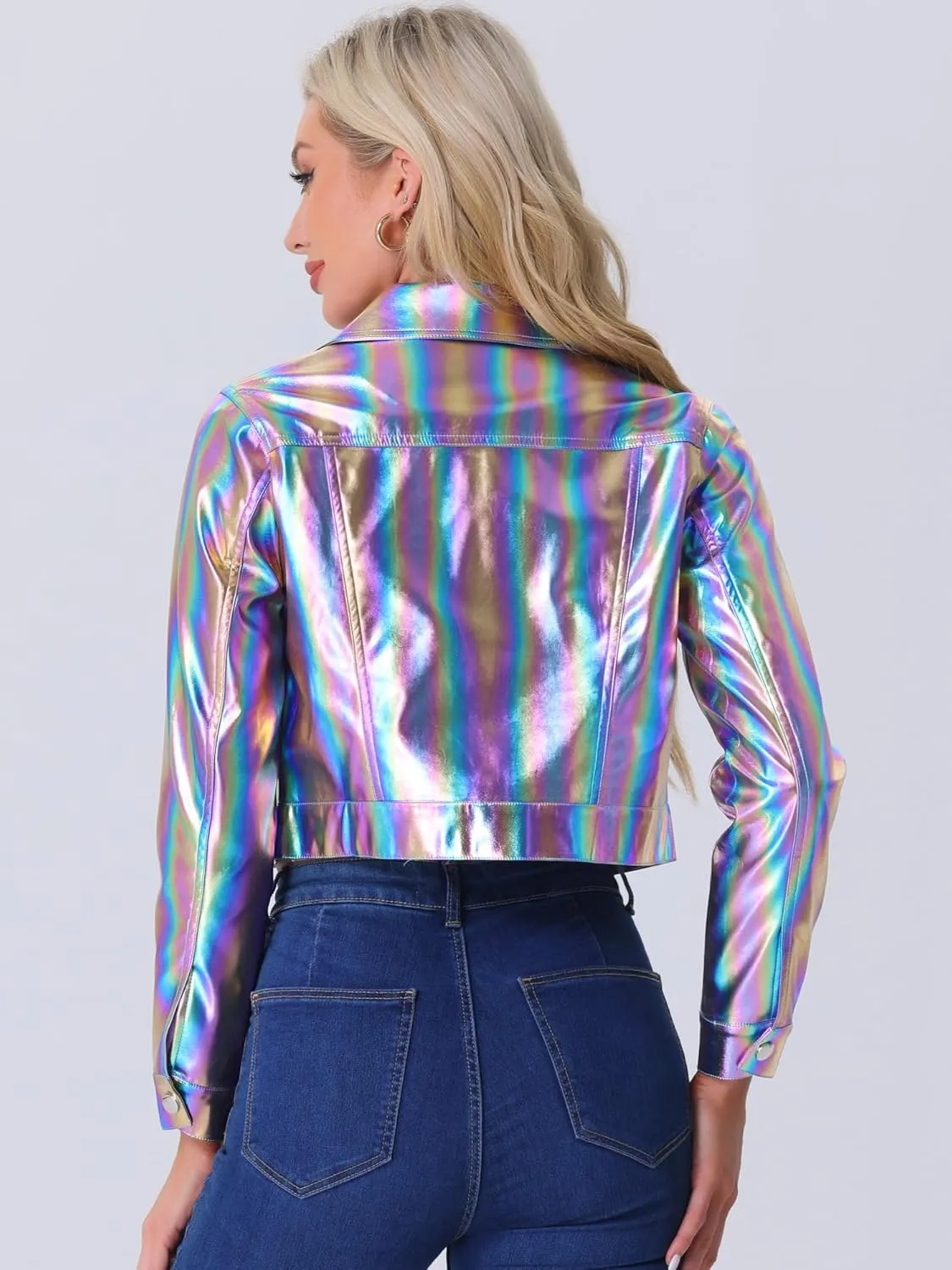 Allegra K Metallic Jacket for Women's Moto Biker Jacket Holographic Shiny Crop Party Jackets