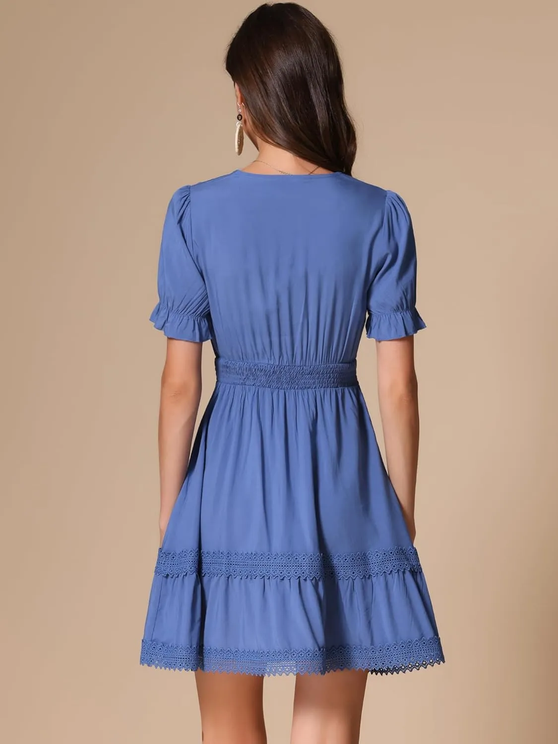 Allegra K Women's 2024 Summer Crochet Trim V Neck Casual Ruffled Tiered Smocked Boho Dress