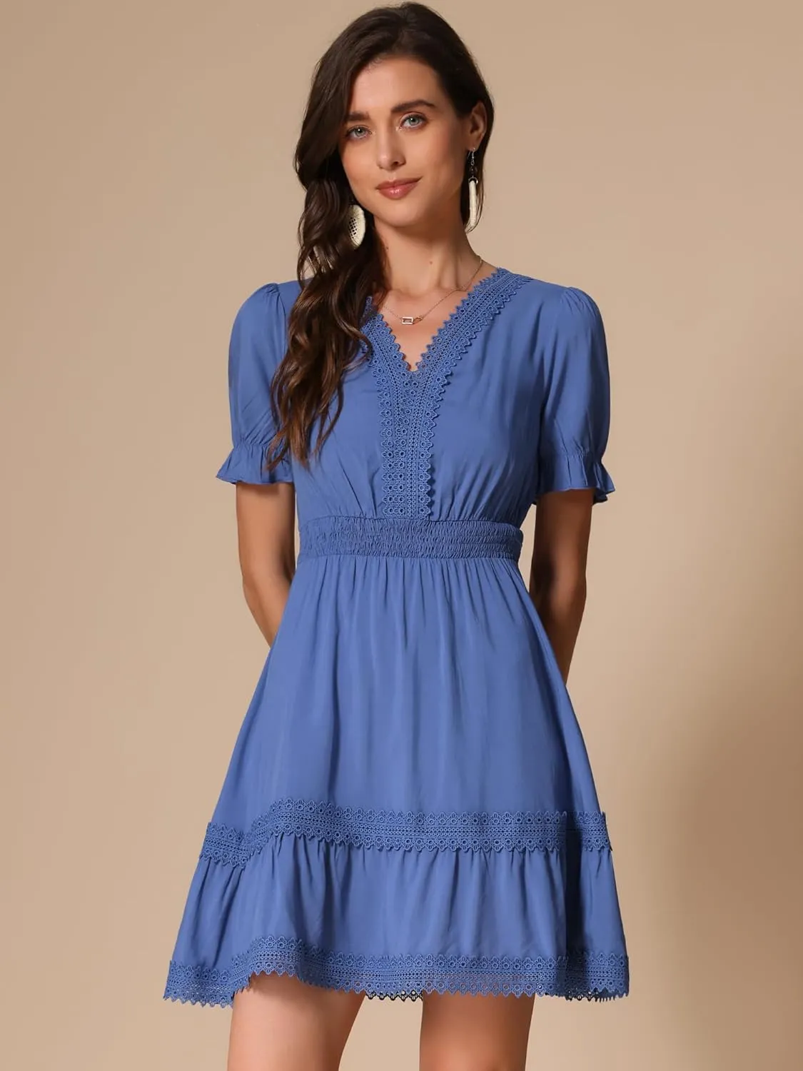 Allegra K Women's 2024 Summer Crochet Trim V Neck Casual Ruffled Tiered Smocked Boho Dress