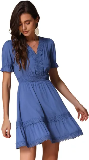 Allegra K Women's 2024 Summer Crochet Trim V Neck Casual Ruffled Tiered Smocked Boho Dress