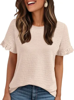 AUTOMET Womens Shorts Sleeve T Shirts Summer Casual Ruffle Tops 2025 Crew Neck Trendy Fashion Dressy Blouses