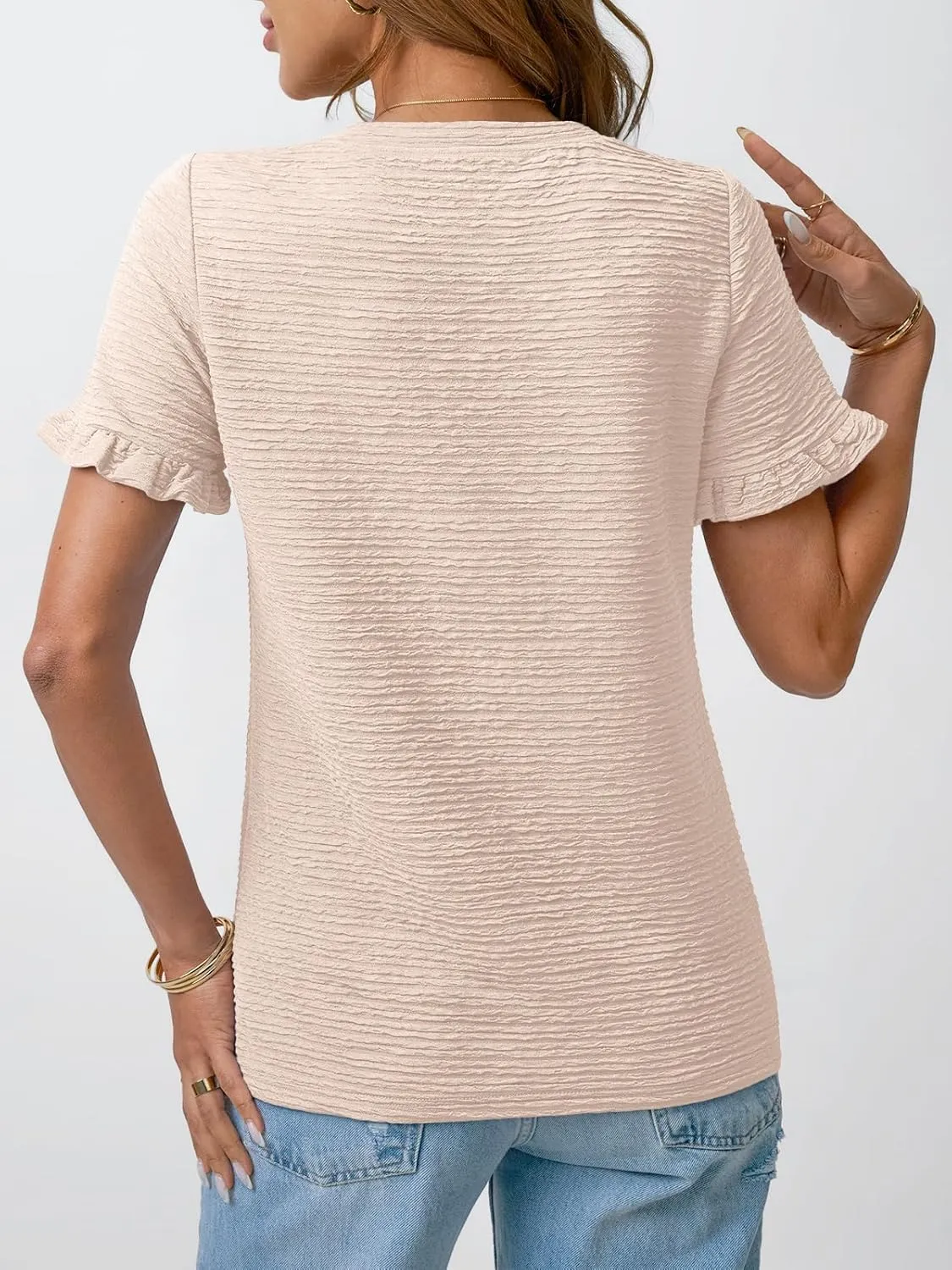 AUTOMET Womens Shorts Sleeve T Shirts Summer Casual Ruffle Tops 2025 Crew Neck Trendy Fashion Dressy Blouses