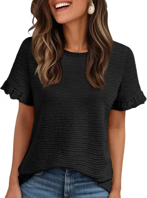 AUTOMET Womens Shorts Sleeve T Shirts Summer Casual Ruffle Tops 2025 Crew Neck Trendy Fashion Dressy Blouses