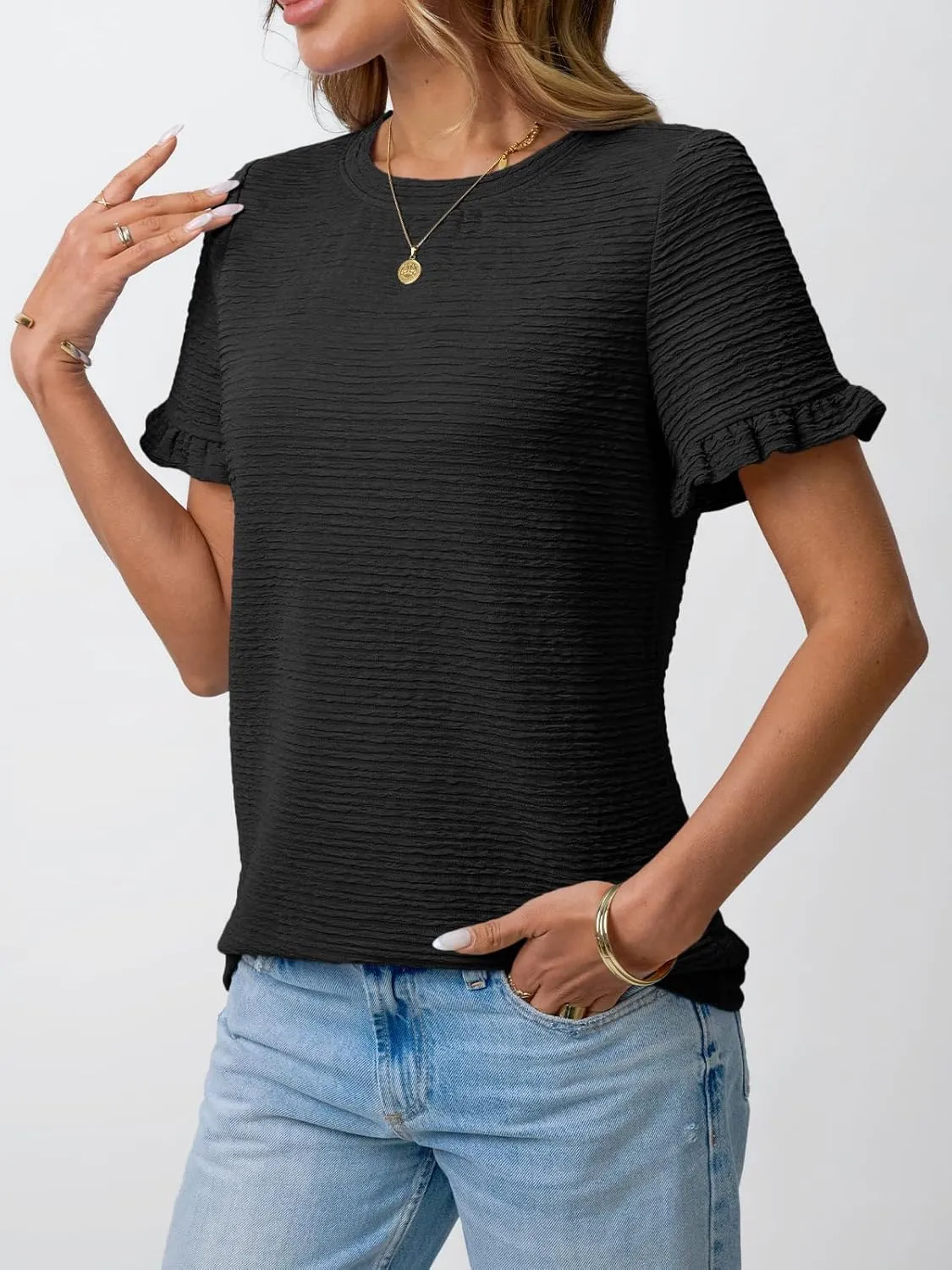 AUTOMET Womens Shorts Sleeve T Shirts Summer Casual Ruffle Tops 2025 Crew Neck Trendy Fashion Dressy Blouses