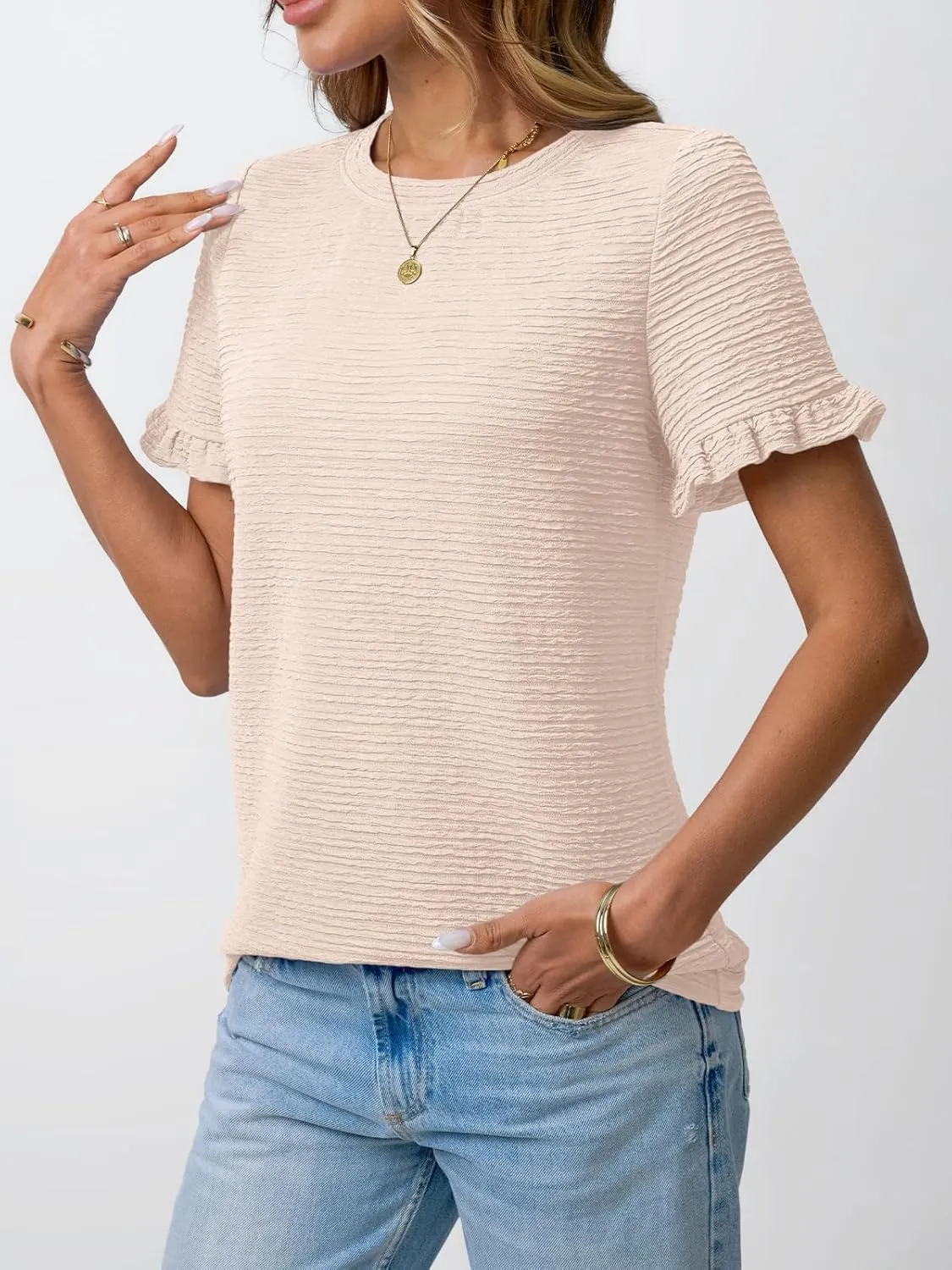 AUTOMET Womens Shorts Sleeve T Shirts Summer Casual Ruffle Tops 2025 Crew Neck Trendy Fashion Dressy Blouses