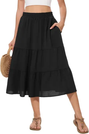 AYIFU Women's Summer Midi Skirt Tiered Flowy High Waist A-Line Elastic Ruffle Casual Skirts with Pockets