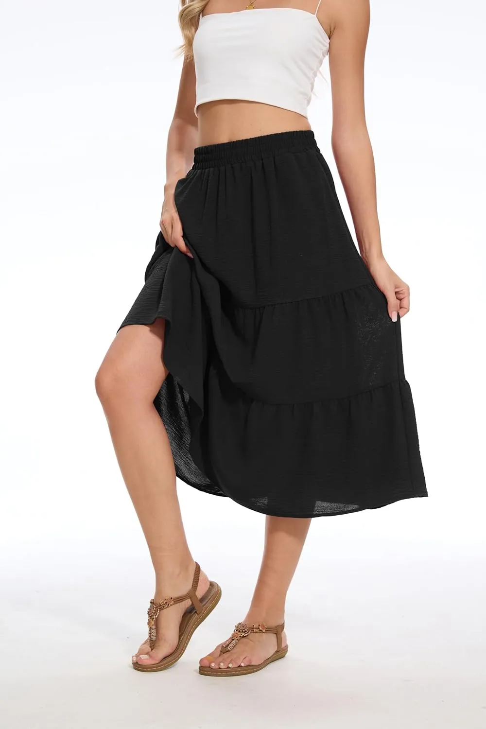 AYIFU Women's Summer Midi Skirt Tiered Flowy High Waist A-Line Elastic Ruffle Casual Skirts with Pockets