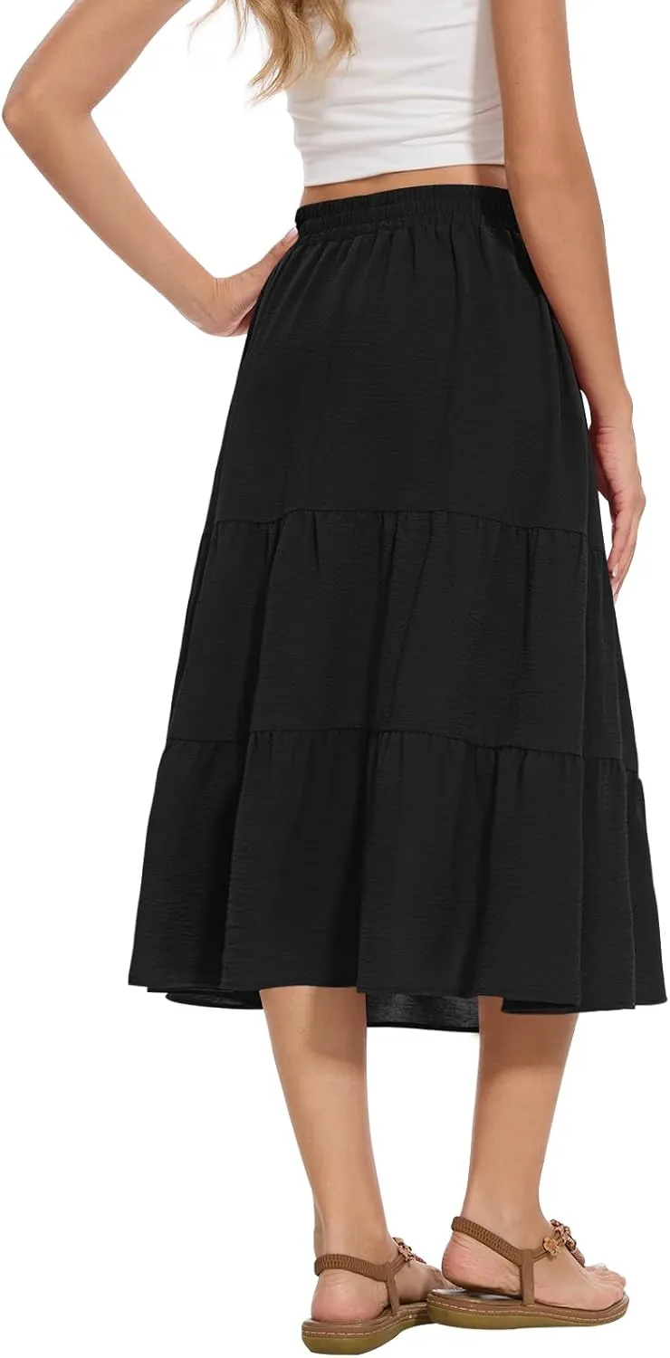 AYIFU Women's Summer Midi Skirt Tiered Flowy High Waist A-Line Elastic Ruffle Casual Skirts with Pockets