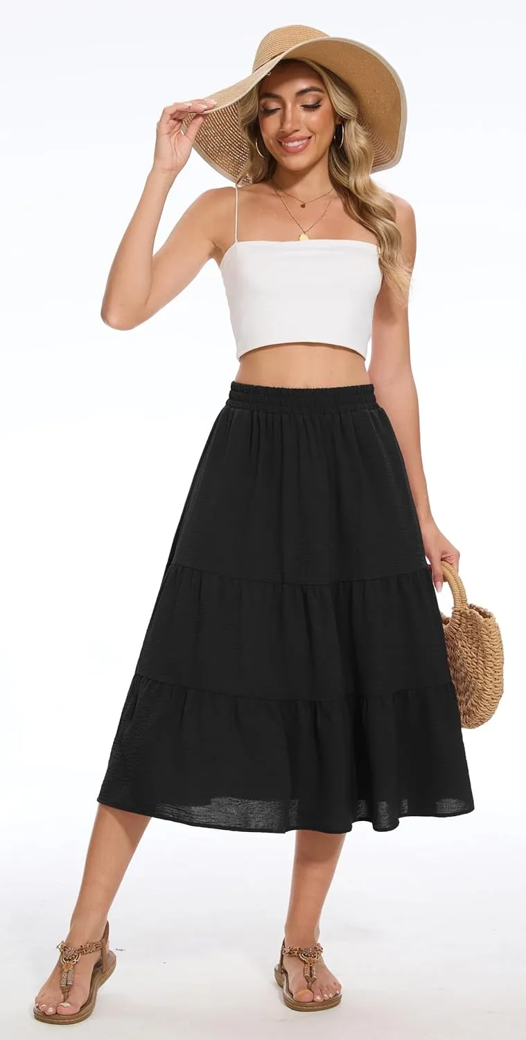 AYIFU Women's Summer Midi Skirt Tiered Flowy High Waist A-Line Elastic Ruffle Casual Skirts with Pockets
