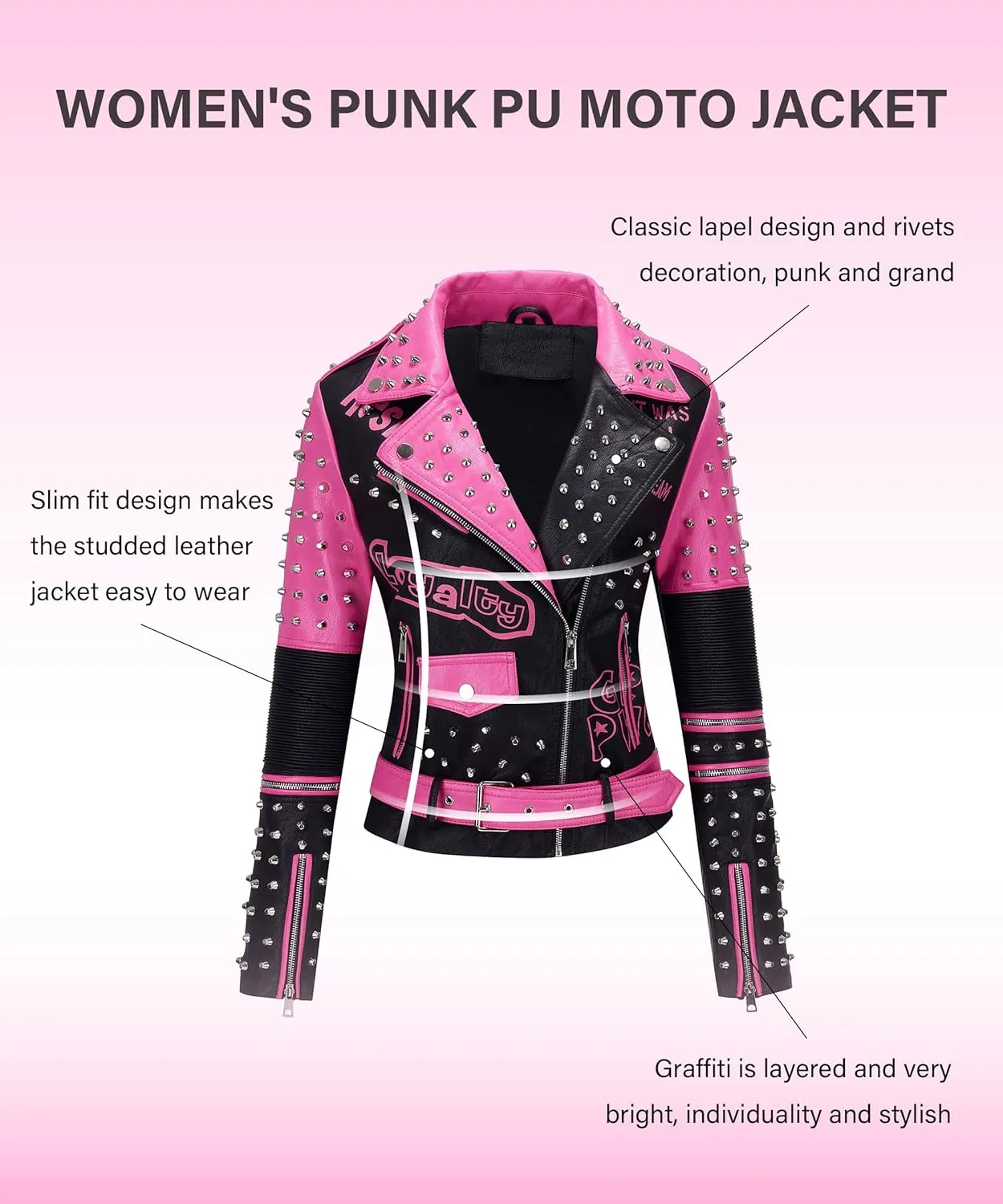 Bellivera Faux Leather Jacket for Women Studded Rivet Floral Moto Biker Short Lapel Coat