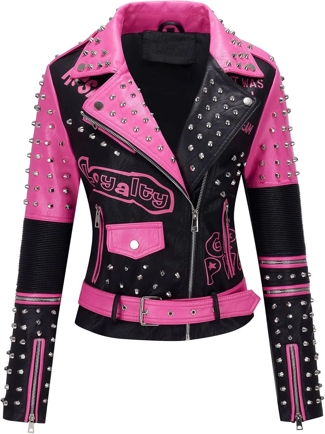 Bellivera Faux Leather Jacket for Women Studded Rivet Floral Moto Biker Short Lapel Coat