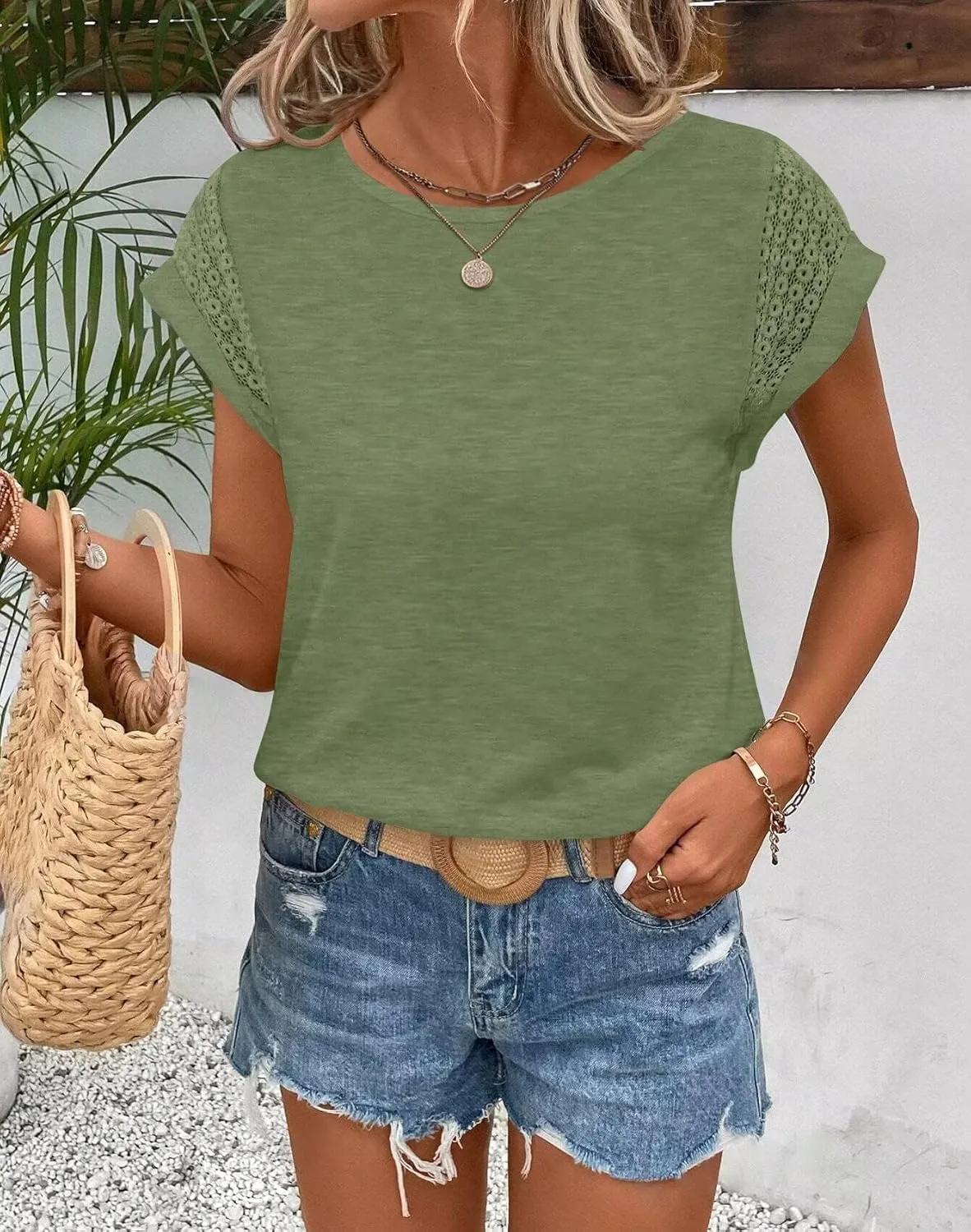 Bliwov Womens Tops Lace Cap Sleeve T Shirts Casual Trendy Cute Summer Spring Outfits Plus Size Beach Vacation Fashion Clothes
