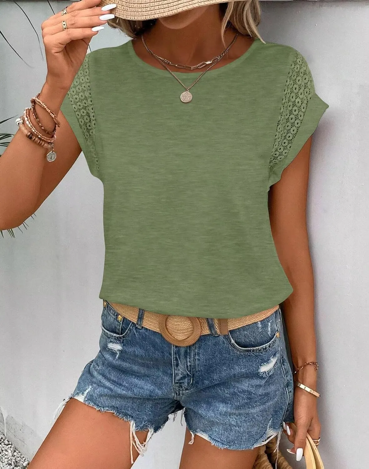 Bliwov Womens Tops Lace Cap Sleeve T Shirts Casual Trendy Cute Summer Spring Outfits Plus Size Beach Vacation Fashion Clothes