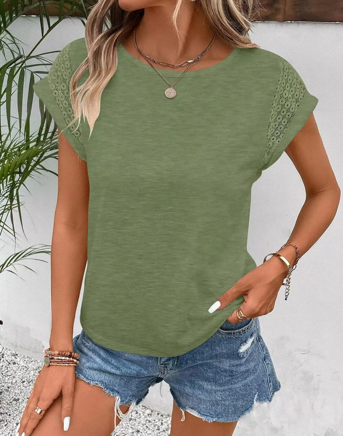 Bliwov Womens Tops Lace Cap Sleeve T Shirts Casual Trendy Cute Summer Spring Outfits Plus Size Beach Vacation Fashion Clothes