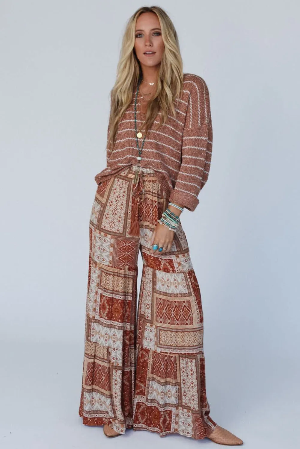 Brown Boho Aztec Print Tiered Palazzo Pants