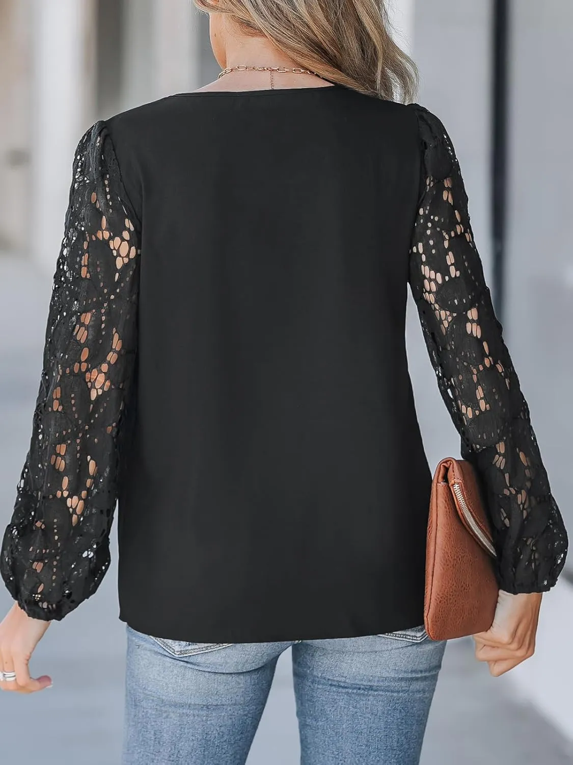 CUPSHE Women Floral Lace Scalloped Top Long Sleeve Shirts V Neck Blouses