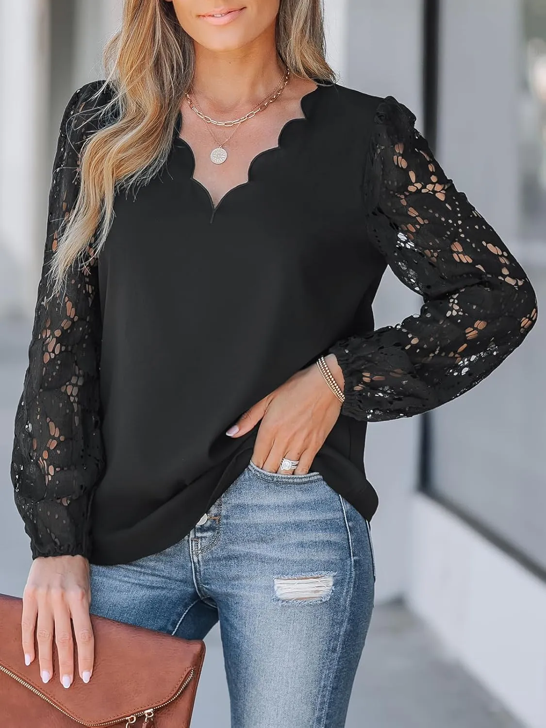 CUPSHE Women Floral Lace Scalloped Top Long Sleeve Shirts V Neck Blouses