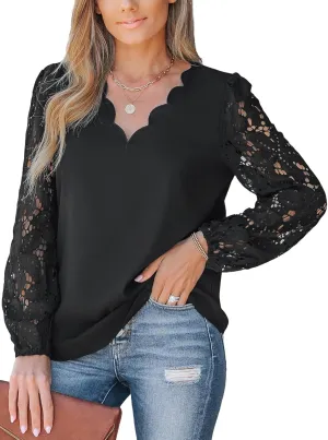 CUPSHE Women Floral Lace Scalloped Top Long Sleeve Shirts V Neck Blouses