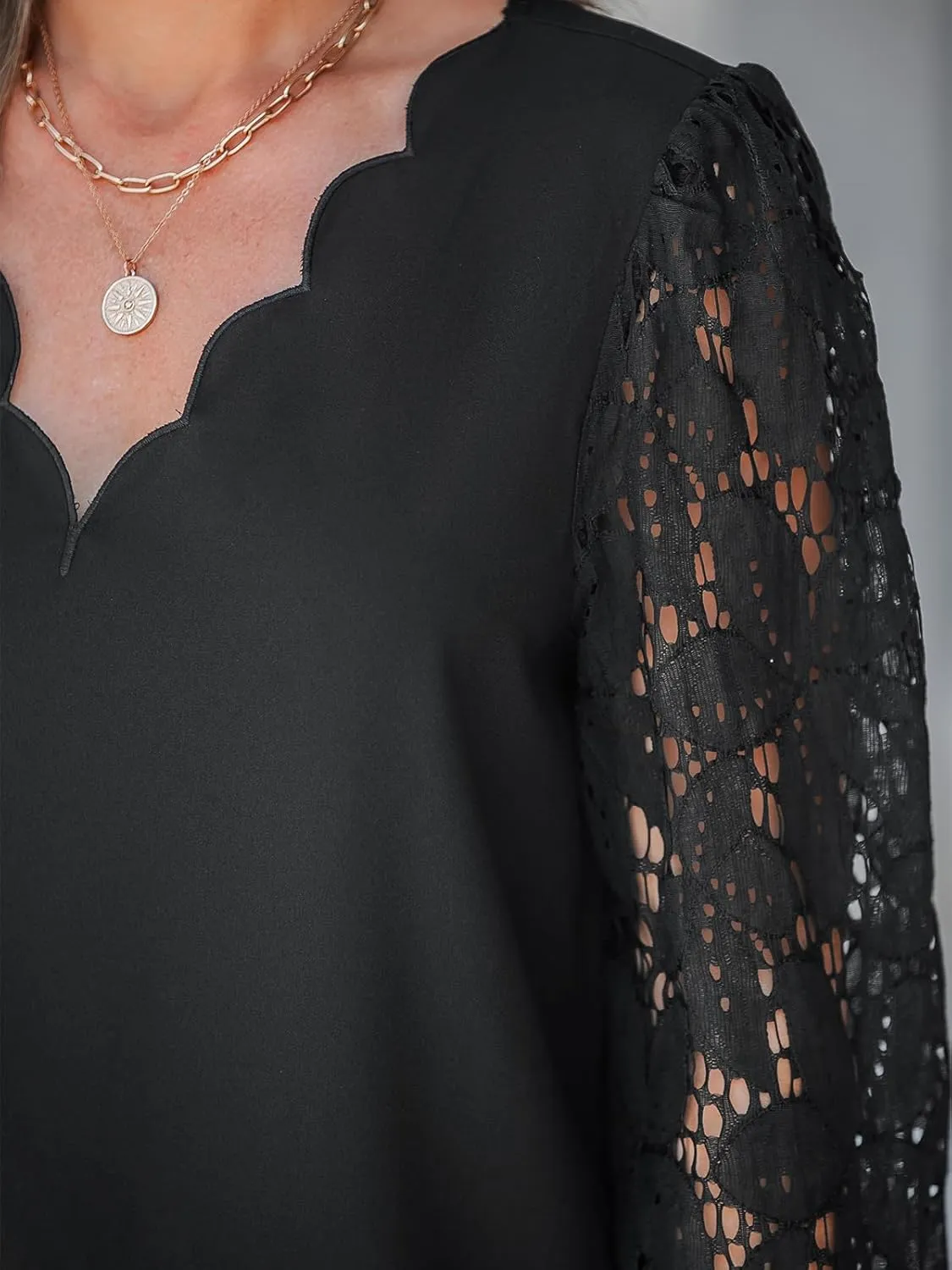 CUPSHE Women Floral Lace Scalloped Top Long Sleeve Shirts V Neck Blouses