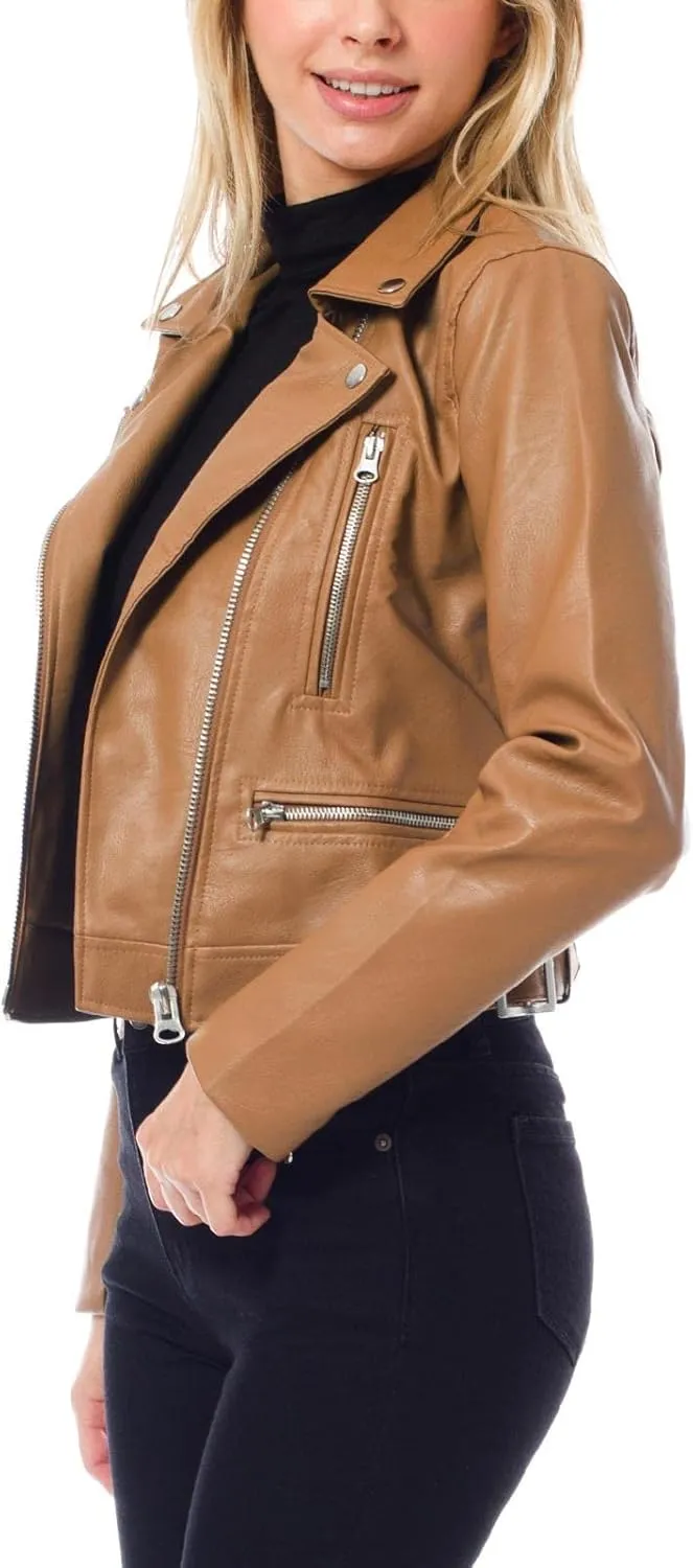 Design by Olivia Women's Long Sleeve Zipper Closure Moto Biker Faux Leather Jacket