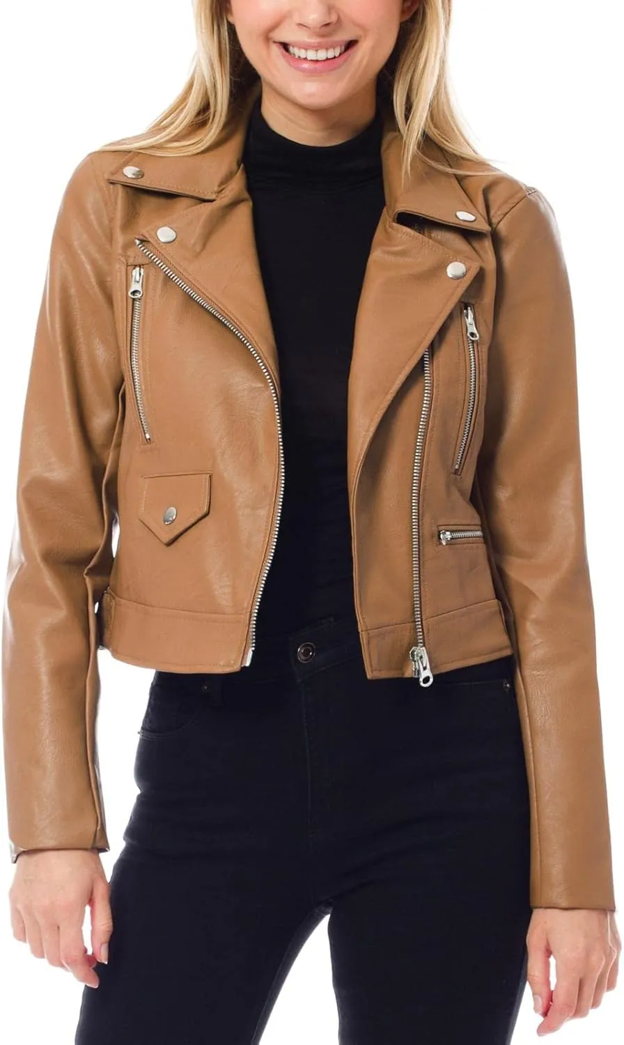 Design by Olivia Women's Long Sleeve Zipper Closure Moto Biker Faux Leather Jacket