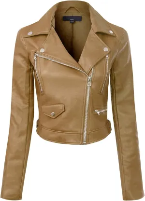 Design by Olivia Women's Long Sleeve Zipper Closure Moto Biker Faux Leather Jacket