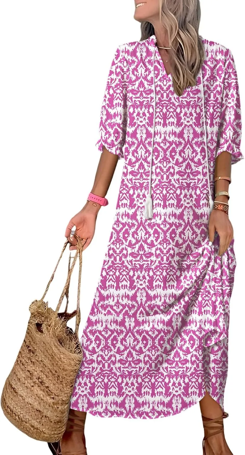 Dokotoo Women Boho Summer Dress 2024 Frill Short Sleeve Tassel V Neck Ruffle Flowy A-Line Maxi Dresses