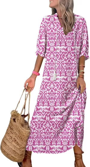 Dokotoo Women Boho Summer Dress 2024 Frill Short Sleeve Tassel V Neck Ruffle Flowy A-Line Maxi Dresses