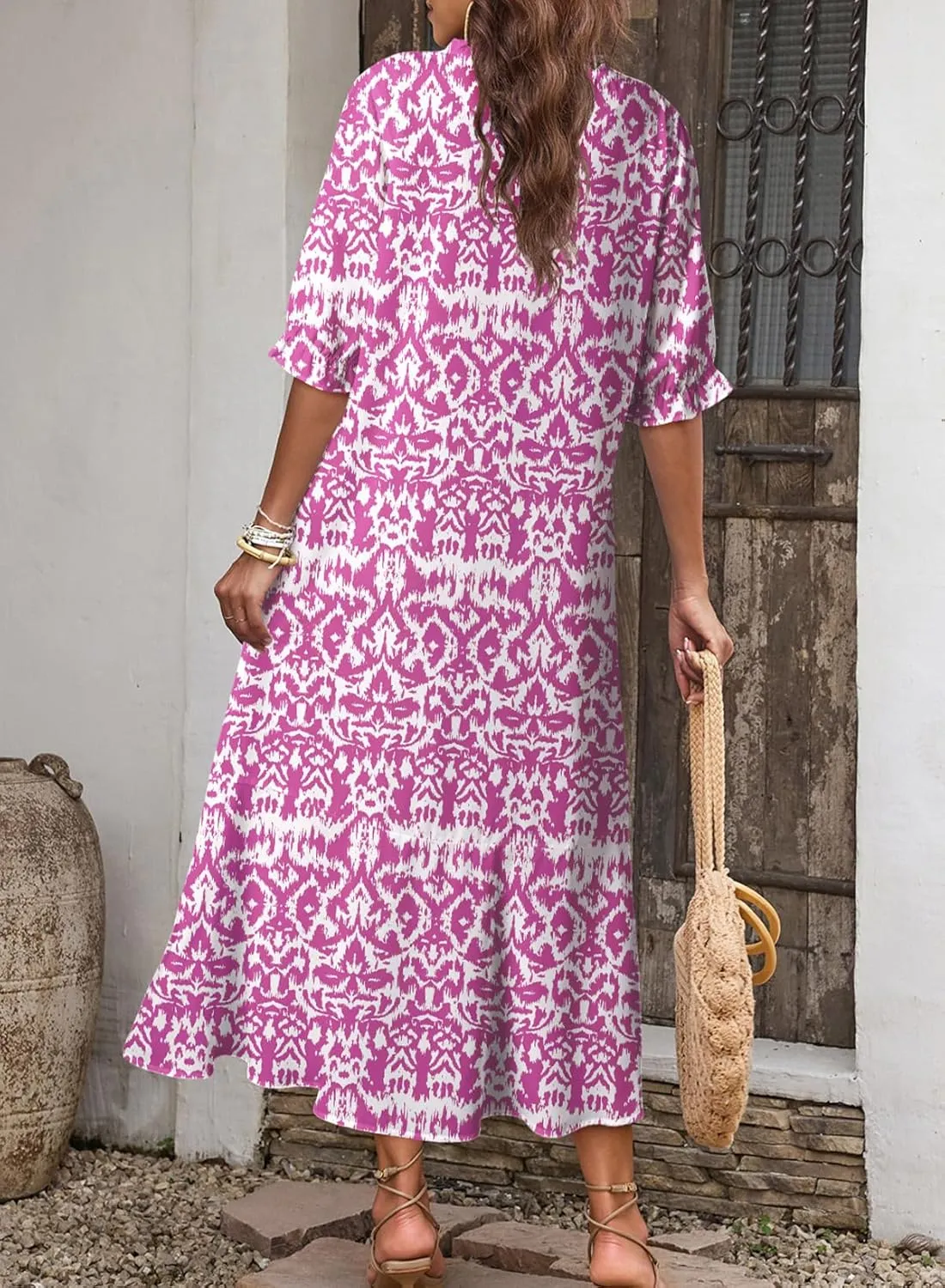 Dokotoo Women Boho Summer Dress 2024 Frill Short Sleeve Tassel V Neck Ruffle Flowy A-Line Maxi Dresses