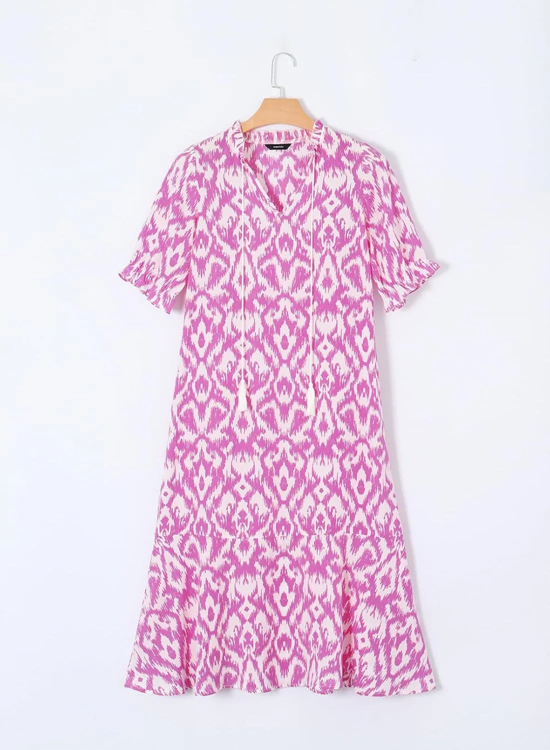 Dokotoo Women Boho Summer Dress 2024 Frill Short Sleeve Tassel V Neck Ruffle Flowy A-Line Maxi Dresses