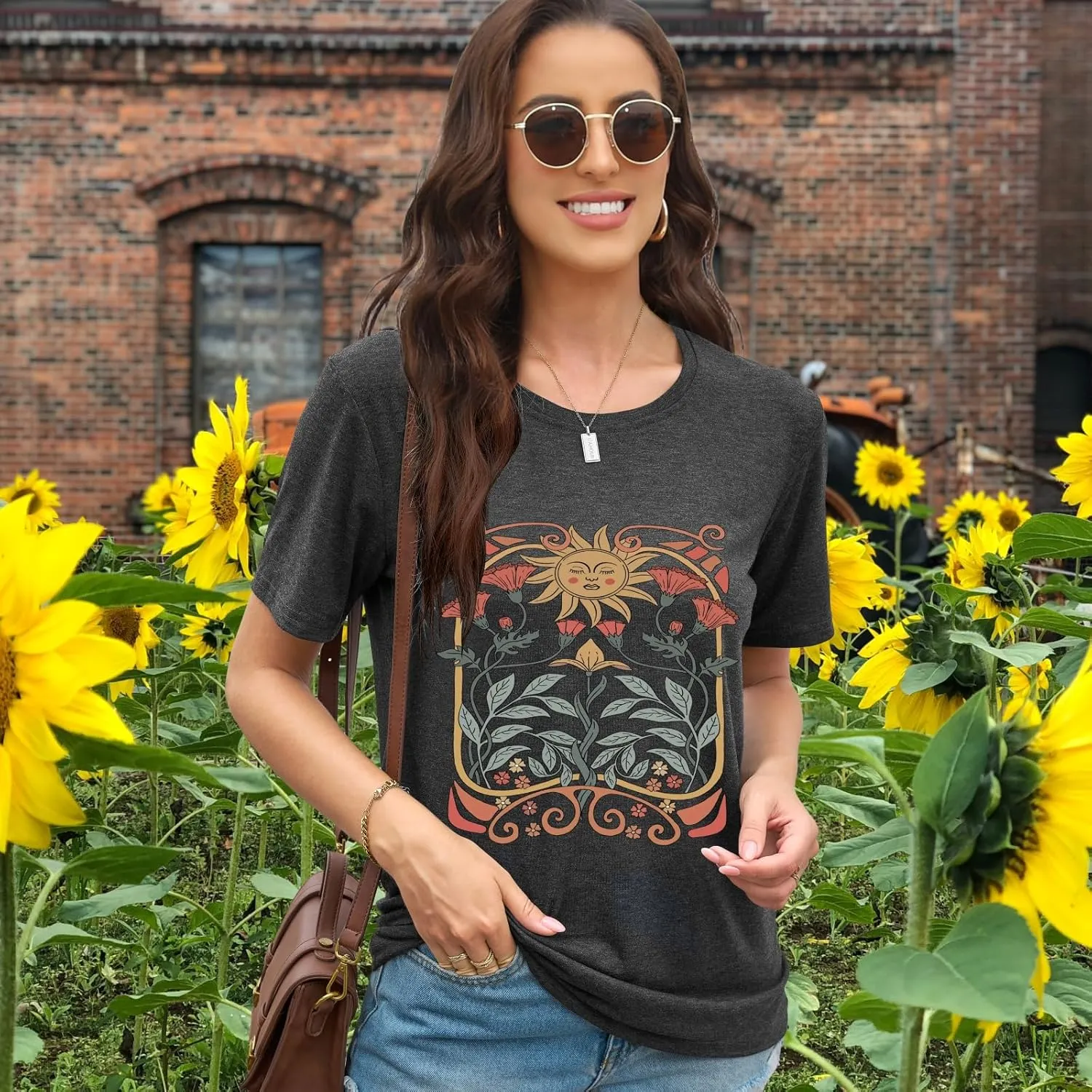 EUOW Women's Sunflower Graphic Shirts Boho Flowers Tee Tops Cute Summer Vintage Short Sleeve Holiday T Shirt