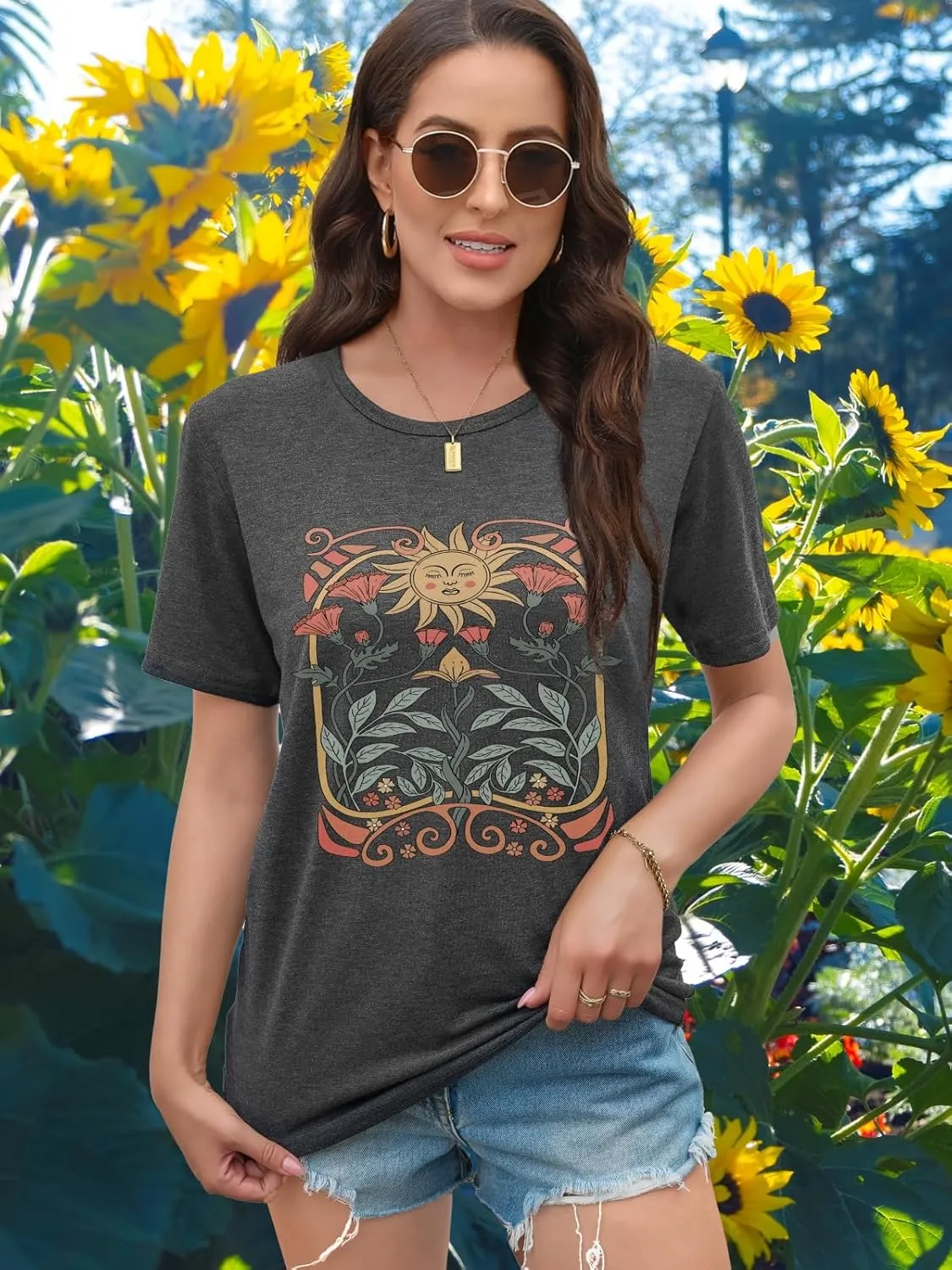 EUOW Women's Sunflower Graphic Shirts Boho Flowers Tee Tops Cute Summer Vintage Short Sleeve Holiday T Shirt