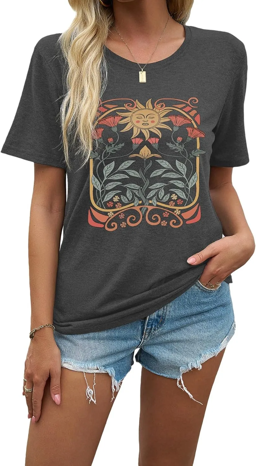 EUOW Women's Sunflower Graphic Shirts Boho Flowers Tee Tops Cute Summer Vintage Short Sleeve Holiday T Shirt