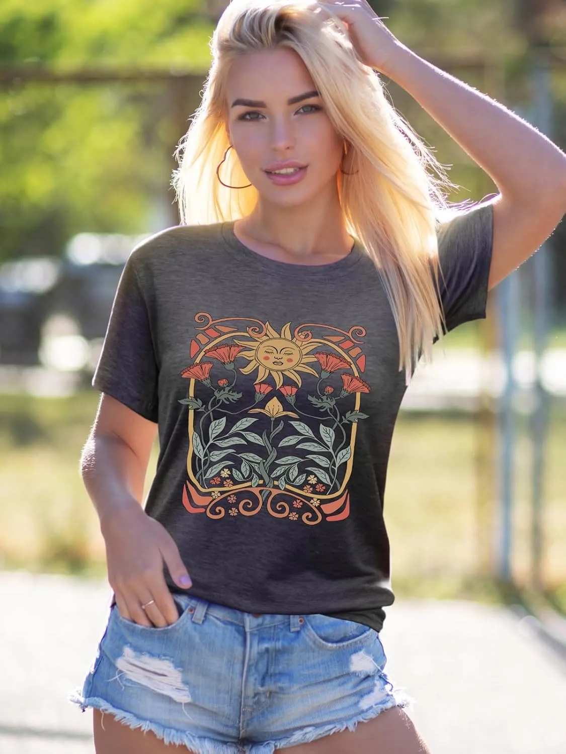 EUOW Women's Sunflower Graphic Shirts Boho Flowers Tee Tops Cute Summer Vintage Short Sleeve Holiday T Shirt