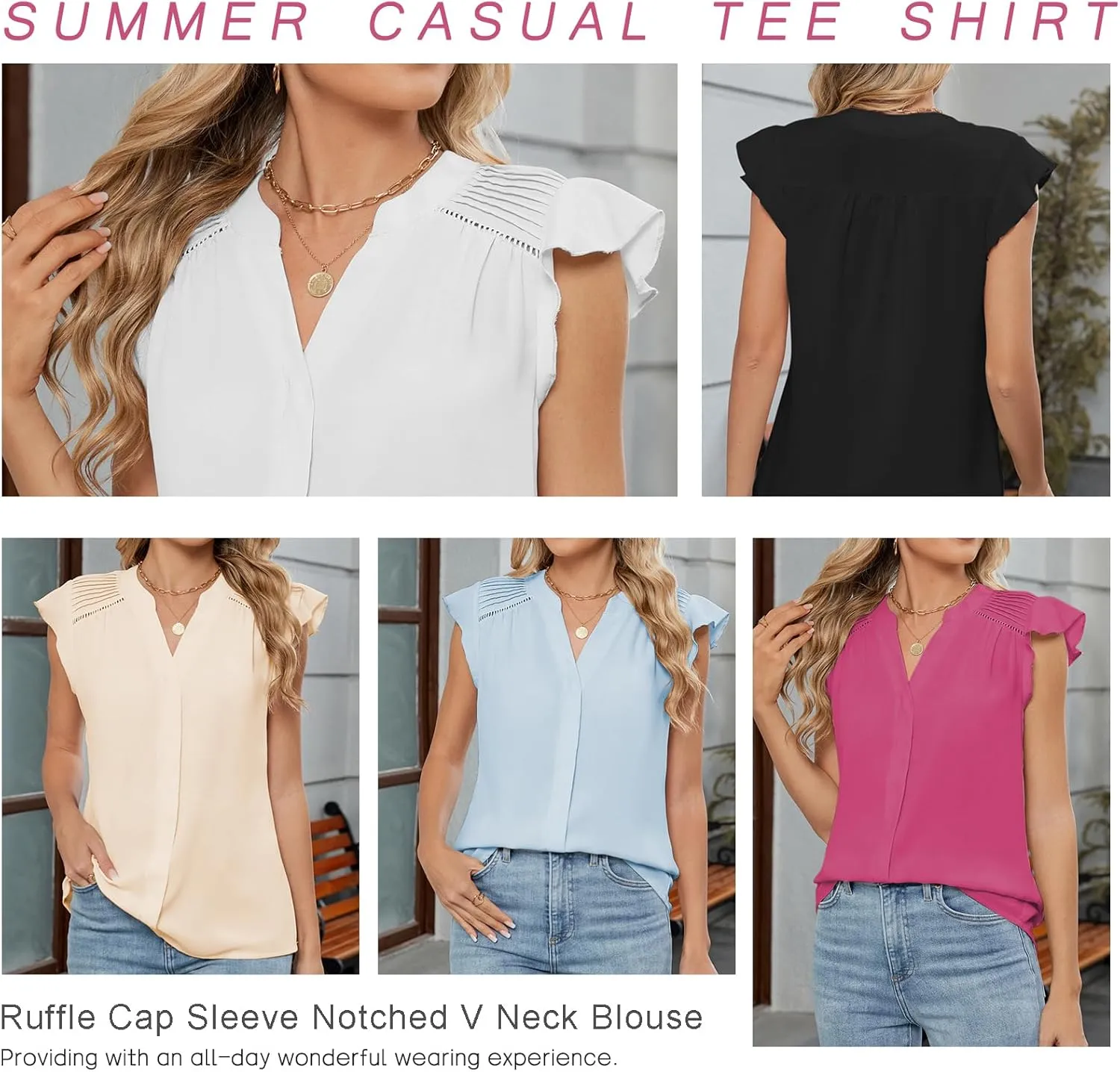 Famulily Womens Cute Ruffled Cap Sleeve Notched V Neck Blouse Top Summer Casual Pleated Tee Shirt
