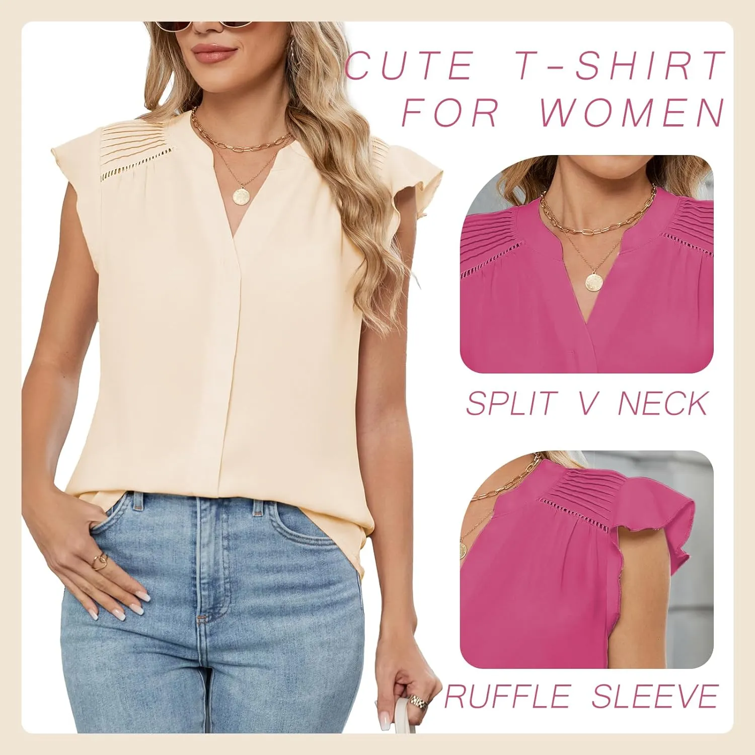 Famulily Womens Cute Ruffled Cap Sleeve Notched V Neck Blouse Top Summer Casual Pleated Tee Shirt