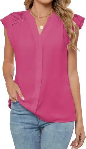 Famulily Womens Cute Ruffled Cap Sleeve Notched V Neck Blouse Top Summer Casual Pleated Tee Shirt