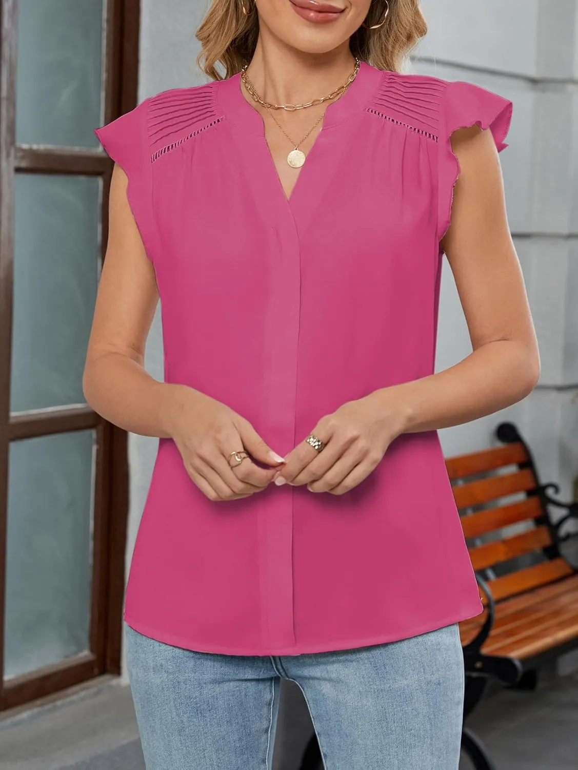 Famulily Womens Cute Ruffled Cap Sleeve Notched V Neck Blouse Top Summer Casual Pleated Tee Shirt