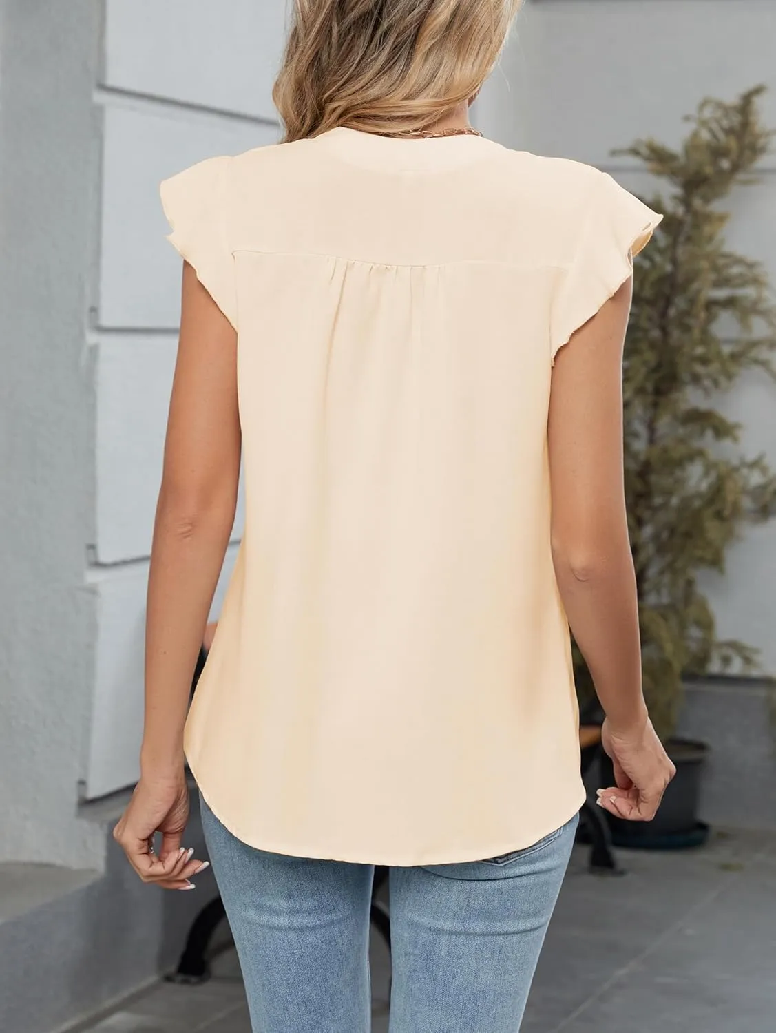 Famulily Womens Cute Ruffled Cap Sleeve Notched V Neck Blouse Top Summer Casual Pleated Tee Shirt