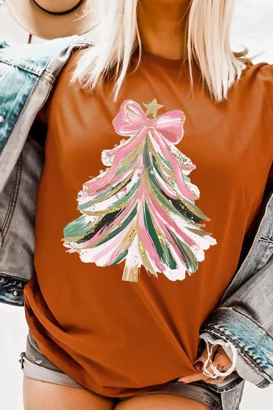 Faux Glitter Pink Bow Christmas Tree Graphic Tee